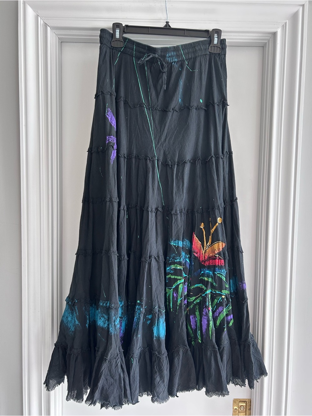 Black Tiered Maxi Skirt with Colorful Floral Accent
